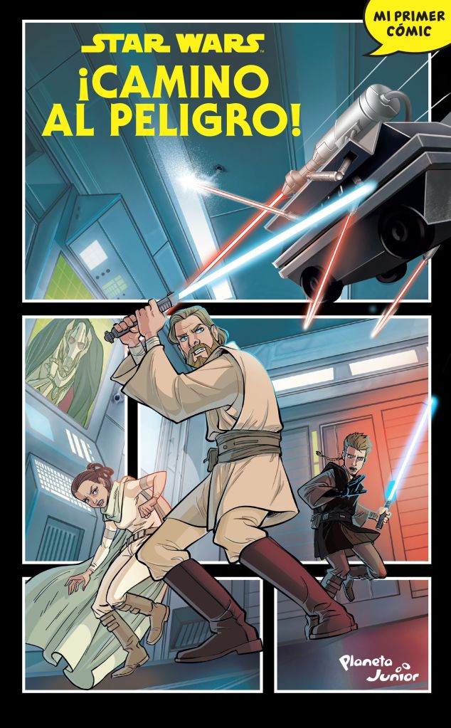 Portada de "¡Camino al Peligro! Mi Primer Cómic", mostrando a Obi-Wan Kenobi, Anakin Skywalker y Padmé Amidala peleando contra droides, en una pantalla se divisa al General Grievous.
