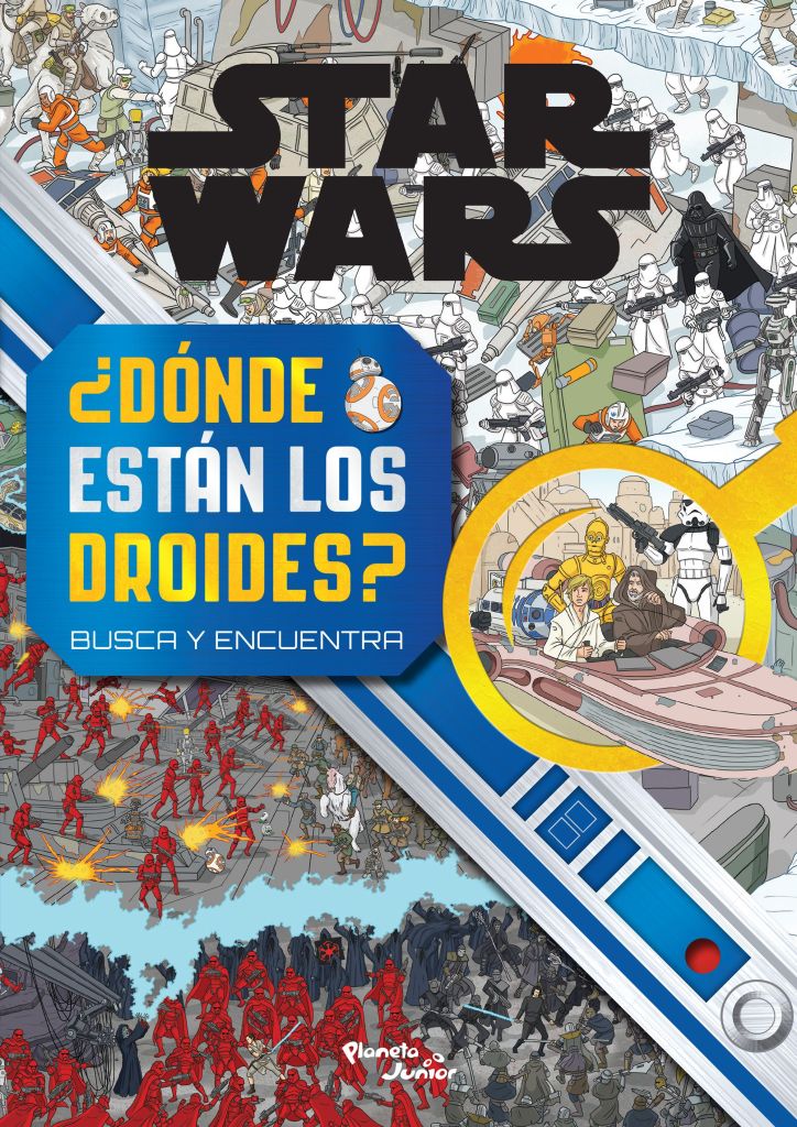 Portada de "¿Dónde están los droides?" mostrando a Luke, Ben Kenobi, R2-D2 y C-3PO en un recuadro y el resto de la portada son diversas escenas con decenas de personajes. 