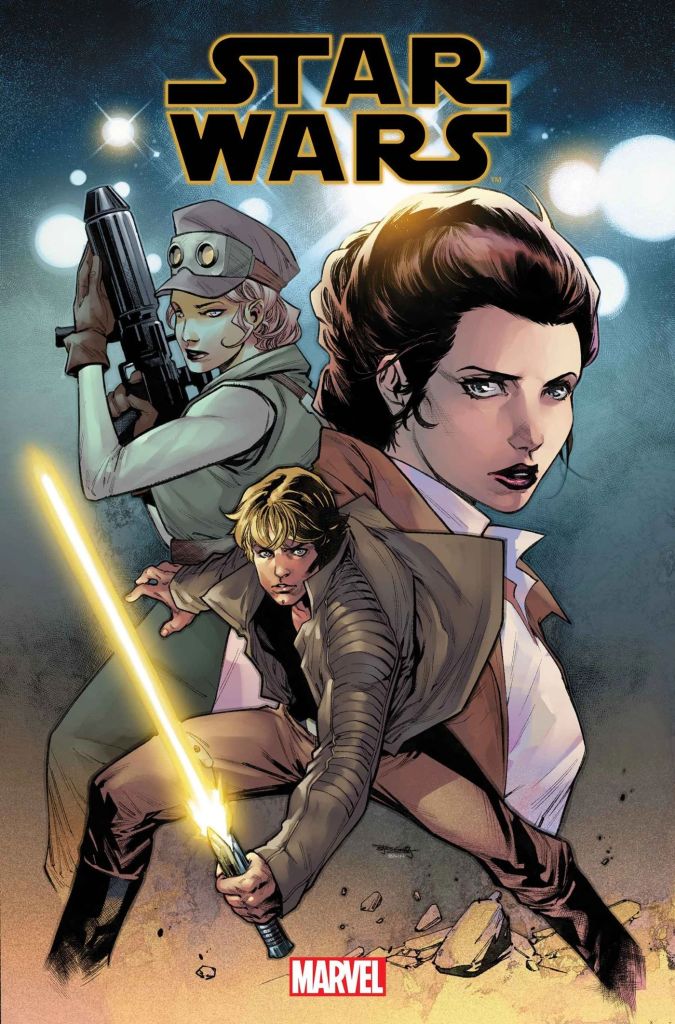 Portada de "Star Wars Vol. 5: Camino a la Victoria" mostrando a Amilyn Holdo, la Princesa Leia Organa y Luke Skywalker blandiendo su sable amarillo.