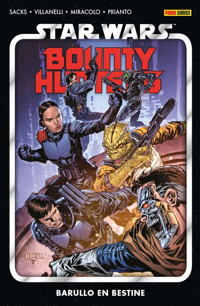 Portada de "Star Wars: Bounty Hunters Vol. 6 Barullo en Bestine" donde se muestra a algunos de los cazarrecompensas como Bossk y Valance peleando contra agentes imperiales
